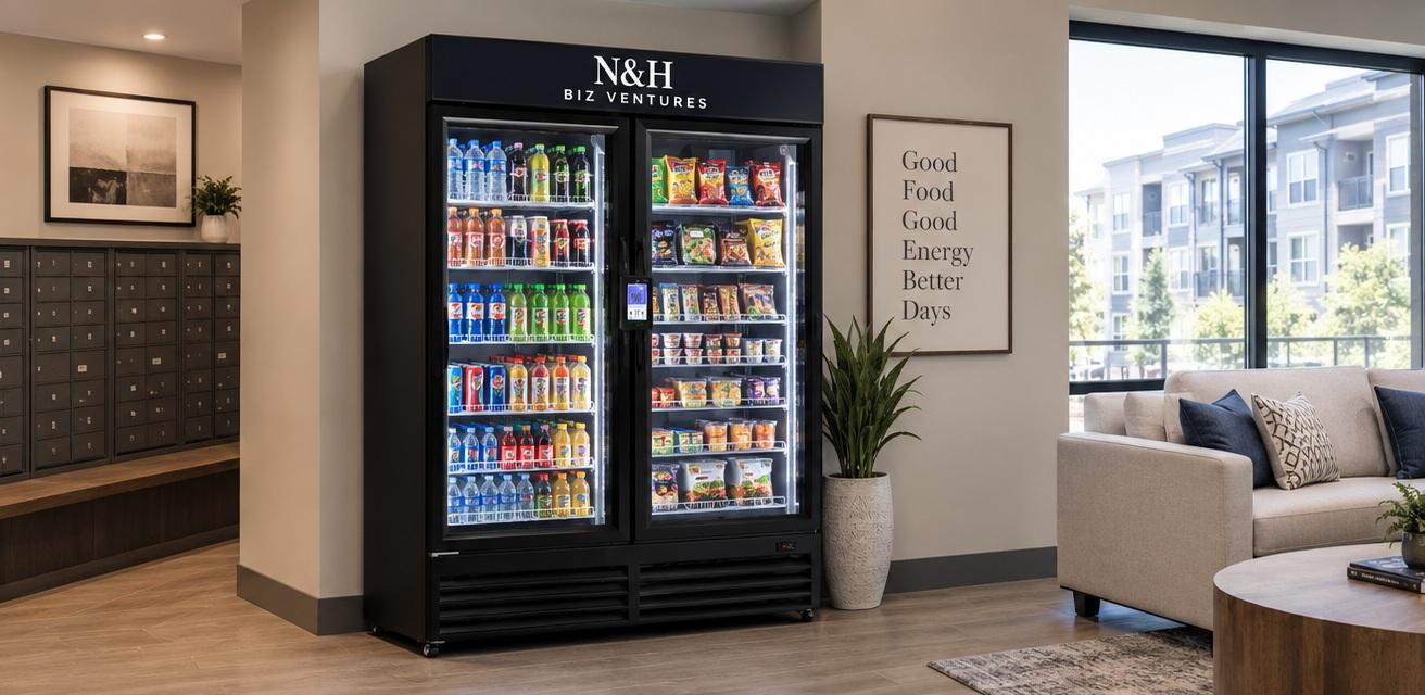 N&H smart vending machine in a polished apartment amenity space