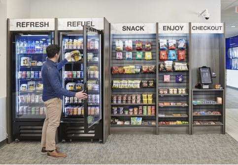 Self-serve micro market with refrigerated food and drinks